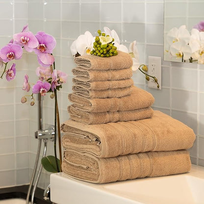 Mosobam Luxury Turkish 8pc XL Towel Set 35X70 16X30 13X13 Light Taupe 700 GSM Bamboo Viscose & Aegean Turkish Combed Cotton