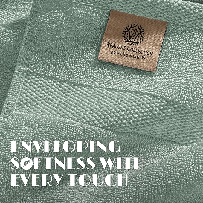 White Classic Green Washcloths Set for Body and Face Towel, Cotton Wash Cloths Bulk 12 Pack, Spa Fingertip Wash Clothes 12x12 Inch, Soft Absorbent Gym Towels