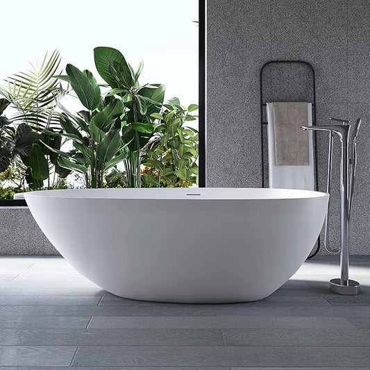 67" Stone Resin Freestanding Bathtub, Oval Solid Surface Bathroom Freestanding Tub, Thin Edge Stand Alone Tub with Integrated Slotted Overflow and Pop-up Drain, Matte White 302-170