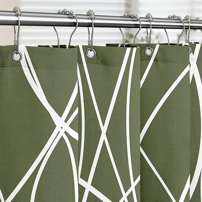 Tititex Morden140gms Faux Linen Fabric Bath Shower Curtain Set Textured Fabric with Olive White Curve Pattern 72x72 Inch Water Resistant Bathroom Curtains, Weighted Hem & Hooks for Hotel/Home