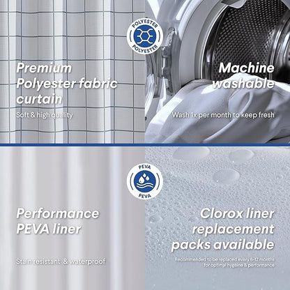 CLOROX Bathroom Waffle Windowpane Pattern Shower Curtain with Waterproof Lightweight PEVA Liner Set, Standard Size, Metal Grommets, No Hooks 72" x 72" - 2 Pc Set - Grey w Frosty PEVA
