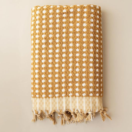 Pom Pom Turkish Bath and Beach Towels - Thick, Soft, Luxurious 100% Turkish Organic Cotton Bubble Weave Towels (Mustard, 35 x 67 Bath Size)