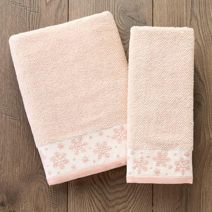 SKL Home Christmas/Winter Heather Snowflake 100% Cotton Premium 2-Piece Hand Towel Set, 500 GSM, Soft & Absorbent Jacquard, Decorative for Bath/Kitchen/Bar, Blush Pink