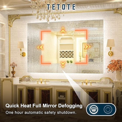 TETOTE 60 x 40 LED Backlit Bathroom Mirror with Light,3 Color White/Warm/Natural,Anti-Fog Lighted Mirror,Dimmable,Vanity Mirror,Wall Mounted