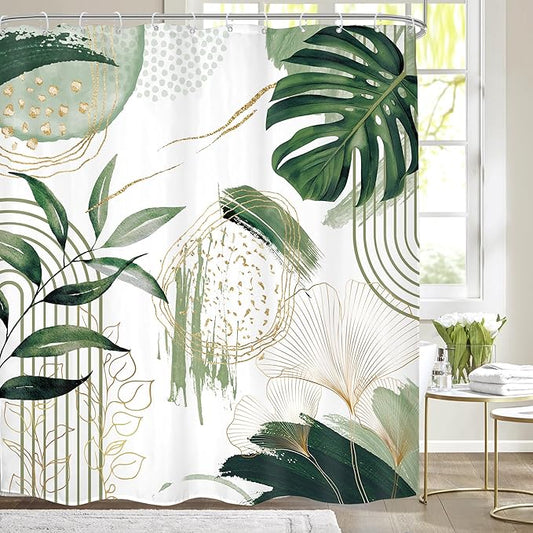 Sage Green Boho Shower Curtain 72Wx78H Mid Century Modern Tropical Palm Leaves Plant Abstract Bohemian Geometric Arch Bathroom Decor Botanical Bath Curtain Fabric Polyester 12 Pack Hooks