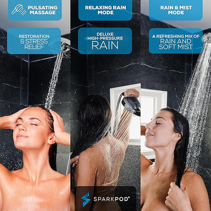 SparkPod 10-Mode Handheld Shower Head with Hose - 5" High Pressure Shower Head with Handheld Touch-to-Clean Nozzles, Built-In Power Jet, Stainless Steel 6ft Hose & Bracket (Polished Chrome)