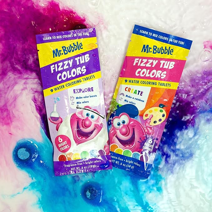 Mr. Bubble Fizzy Tub Colors Bath Water Coloring Tabelets, 6 Bright Colors, Red, Orange, Yellow, Purple, Blue and Green, Fragrance Free (12 Packets, 9 Tablets Each)