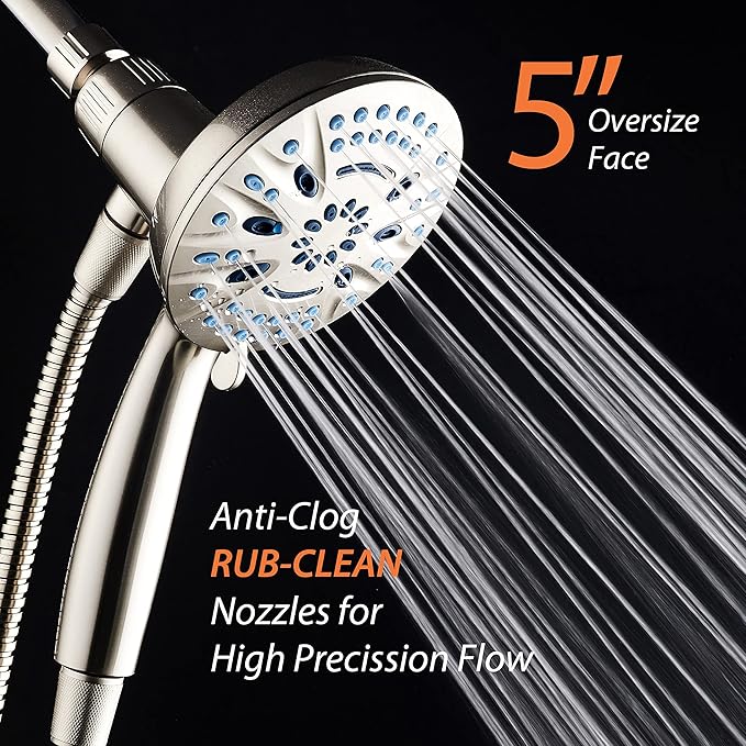 AquaCare Magneton High-Pressure 8-mode Handheld Shower Head with Magnetic Guidance Docking System - 2 Magnetic Brackets, 5 inch Face, Hygienic Jets, 6 ft. Stainless Steel Hose - All Nickel Finish