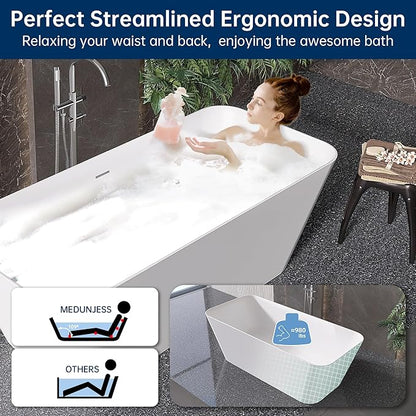 Stone Resin Freestanding Bathtub 67 ", Elegant Oval Shape Soaking Tub, Solid Surface Stand Alone Bathtub with Drain & Integrated Slotted Overflow Matte White AMFS340-1700