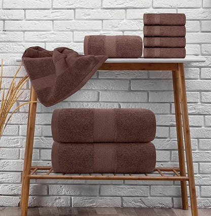 White Classic Luxury Bath Towel Set of 8 Pieces - 100% Turkish Cotton Highly Absorbent Towels for Bathroom, 2 Luxury Bath Towels 700GSM, 2 Hand Towels, 4 Washcloths, Brown