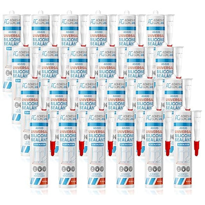Adhesive Guru Clear Silicone Sealant Waterproof (24 x 10.15 fl.oz.), All Purpose 100% Silicone Caulk, Weatherproof & Flexible Adhesive Sealant for Indoor and Outdoor Use, Transparent - 24 Pack