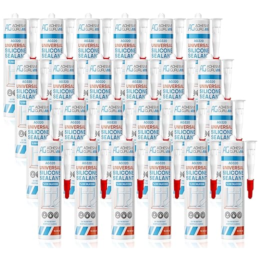 Adhesive Guru Clear Silicone Sealant Waterproof (24 x 10.15 fl.oz.), All Purpose 100% Silicone Caulk, Weatherproof & Flexible Adhesive Sealant for Indoor and Outdoor Use, Transparent - 24 Pack