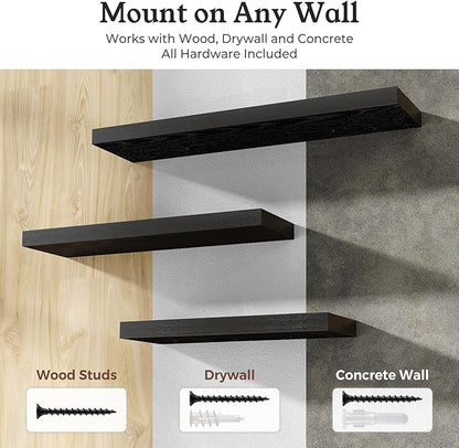 Floating Shelves for Wall, 9.3" Deep Wall Mounted Wood Shelves for Bathroom, Bedroom, Living Room, Kitchen, Hanging Shelf for Books/Storage/Room Decor (Black, 36")