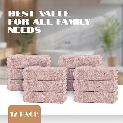 White Classic Pink Hand Towels for Bathroom [12 Pack] Cotton Hand Towel Bulk for Gym, Kitchen and Spa, 16x27 Inches Soft Highly Absorbent Quick Dry Terry Salon Towels