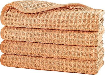 POLYTE 430 GSM Microfiber Lint Free Washcloth Face Towel, 13 x 13 in, 4 Pack (Waffle Weave)