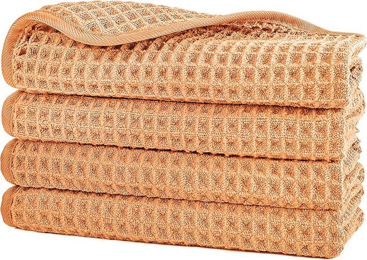 POLYTE 430 GSM Microfiber Lint Free Washcloth Face Towel, 13 x 13 in, 4 Pack (Waffle Weave)
