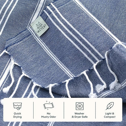 WETCAT Turkish Hand Towels with Hanging Loop, Set of 2 (20" x 30") 100% Turkish Cotton, Pre-Washed, Quick Drying, for Kitchen or Bathroom - Navy Blue