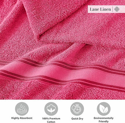 LANE LINEN 100% Cotton Large Bath Towels Set of 4 (28"x54") - Zero Twist, Mercerized Cotton Bathroom Towel 4 Pack - Quick Dry, Soft & Absorbent Large Towels Set - Dorm Essentials for Girls - Fuchsia