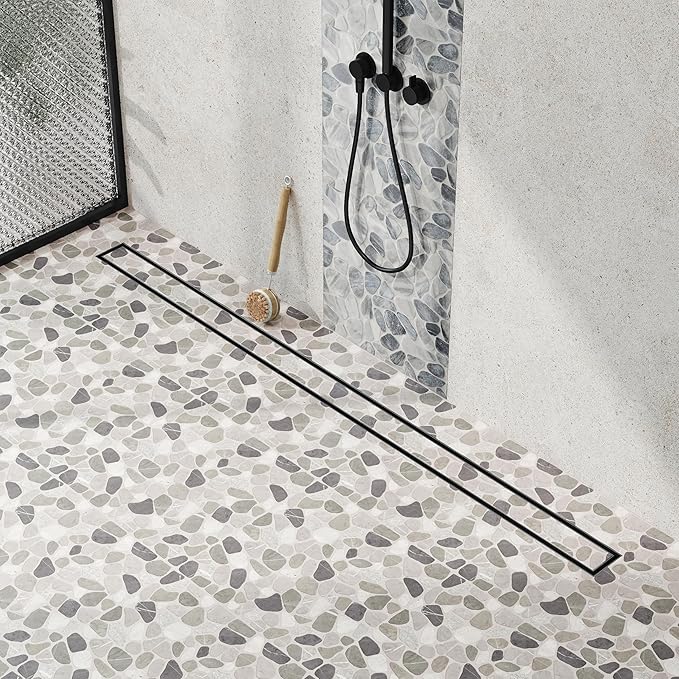 Neodrain 54-Inch Linear Shower Drain with Tile Insert Grate, Matte Black 304 Stainless Steel Rectangle Shower Floor Drain, Linear Drain with Leveling Feet, Hair Strainer