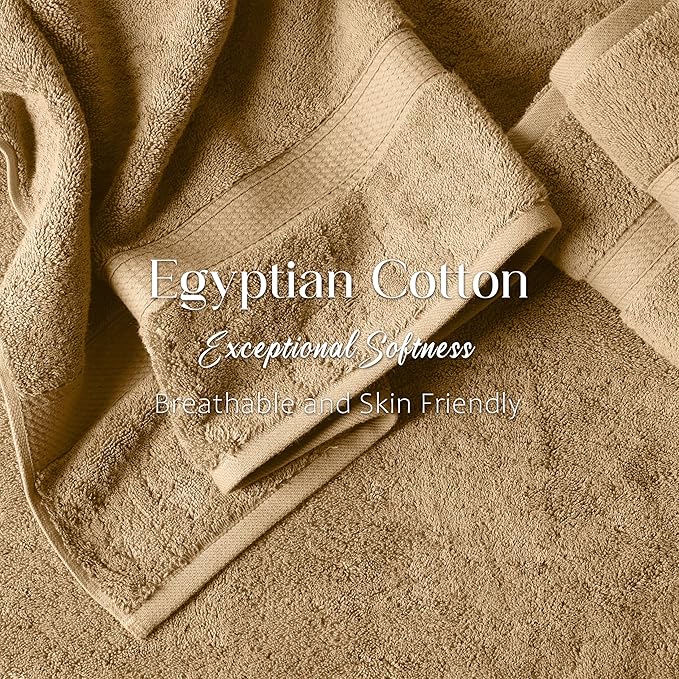 Superior Egyptian Cotton Pile Bath Towel Set of 2, Ultra Soft Luxury Towels, Thick Plush Essentials, Absorbent Heavyweight, Guest Bath, Hotel, Spa, Home Bathroom, Shower Basics, Toast