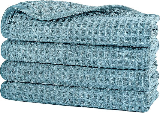POLYTE 430 GSM Microfiber Lint Free Washcloth Face Towel, 13 x 13 in, 4 Pack (Waffle Weave)