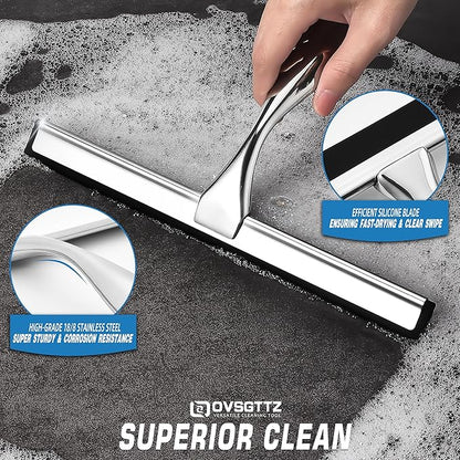 Stainless Steel Shower Squeegee for Glass, Includes 3 Adhesive Hooks, Shower Door Squeegee for Bathroom, Household Window, Car Windshield, Mirrors, Tiles Scrubber Clear, 12 inch, Silver