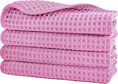 POLYTE 430 GSM Microfiber Lint Free Washcloth Face Towel, 13 x 13 in, 4 Pack (Waffle Weave)