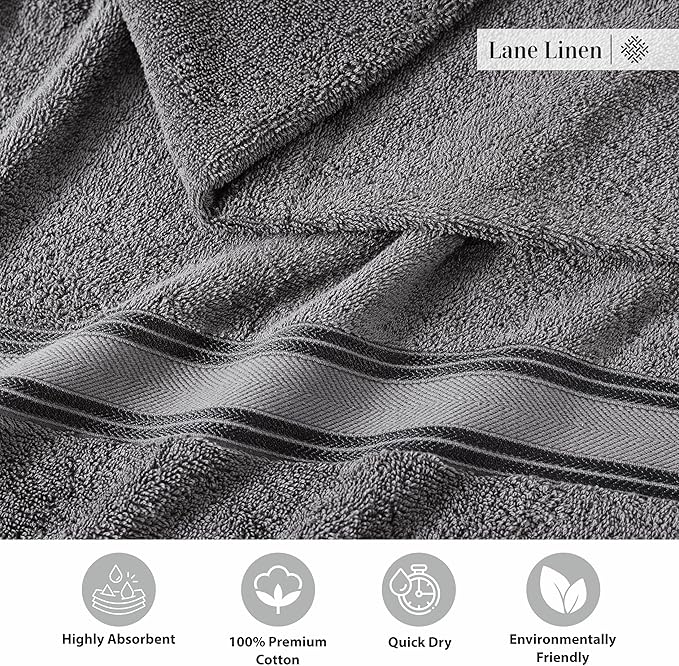 LANE LINEN 100% Mercerized Cotton Bath Towels Set of 18 – Zero Twist, 6 Bath, 6 Hand Towel & 6 Washcloths, Soft, Ideal for Spa Hotel & Home, Gentle on Body, Durable After Multiple Washes – Cool Grey