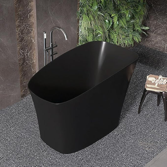 51'' Japanese Soaking Tub Freestanding Bathtub Resin Stone Bathtubs Deep soaking Tub with Overflow and Pop-up Drain - black