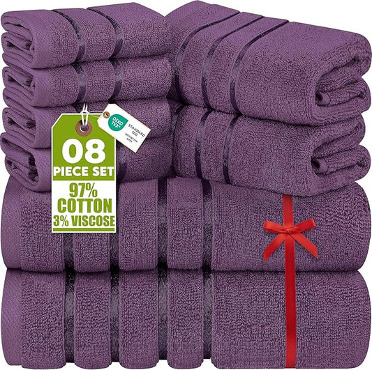 Utopia Towels 8 Piece Luxury Towel Set, 2 Bath, 2 Hand, and 4 Wash Cloths, 600 GSM Ring Spun Cotton, Highly Absorbent Viscose Stripe Towels, Ideal for Everyday use, Plum
