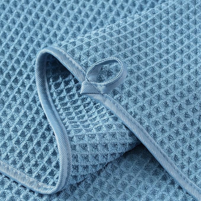 Microfiber Waffle Hand Towels, 4 Pieces, Soft, Absorbent, Fast Drying, Lint Free (Blue)