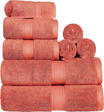 BLUENILEMILLS Madison Egyptian Cotton Towels, Towel Set for Bathroom, Shower, Hotel, Plush, 800 GSM, Highly Absorbent and Ultra-Soft Towels, Bath Essentials, 8 Piece Assorted Towel Set, Coral