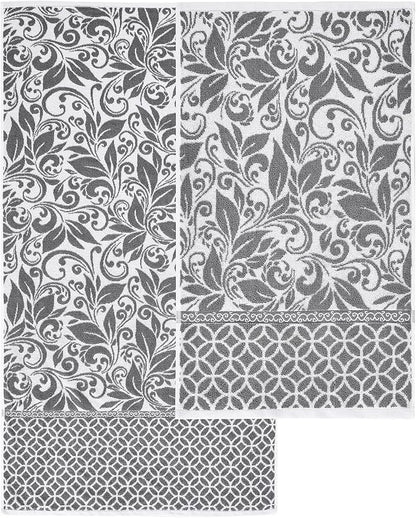 Modern Threads Trefoil Filigree 6-Piece 100% Cotton Towel Set – Reversible Yarn Dyed Jacquard – Includes 2 Bath Towels, 2 Hand Towels, 2 Washcloths – Absorbent, Quick Dry, Soft & Durable – Dark Gray