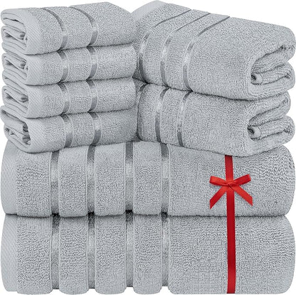 Utopia Towels 8 Piece Luxury Towel Set, 2 Bath, 2 Hand, and 4 Wash Cloths, 600 GSM Ring Spun Cotton, Highly Absorbent Viscose Stripe Towels, Ideal for Everyday use, Cool Grey