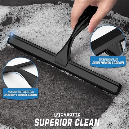 Stainless Steel Shower Squeegee for Glass, Includes 3 Adhesive Hooks, Shower Door Squeegee for Bathroom, Household Window, Car Windshield, Mirrors, Tiles Scrubber Clear, 12 inch Black