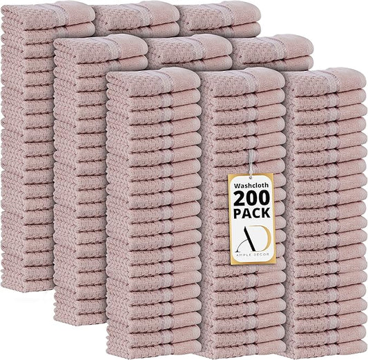 Ample Decor 100% Cotton Washcloths Set of 200- Highly Absorbent, Popcorn Textured - Mulaayam Collection - Soft Pink 12 X 12 Inch