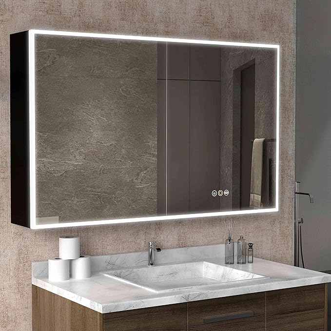 Medicine Cabinets for Bathroom with Mirror, 48”W x 30”H Wall Mounted LED Medicine Cabinet Mirror with Defogger, Dimmer, Outlets & USB, Double Doors
