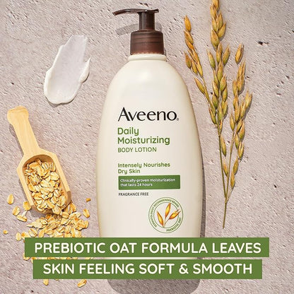 Aveeno Daily Moisturizing Body Lotion with Soothing Prebiotic Oat, Gentle Lotion Nourishes Dry Skin With Moisture, Paraben-, Dye- & Fragrance-Free, Non-Greasy & Non-Comedogenic, 12 fl. Oz