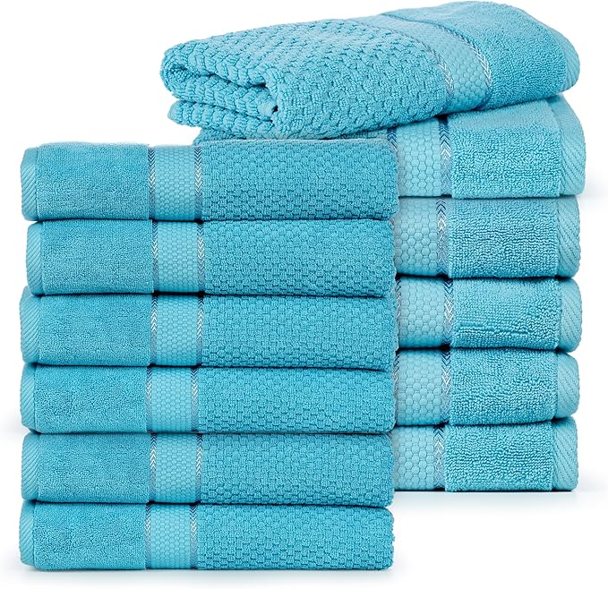 Ample Decor 100% Cotton Sky Blue Hand Towels for Bathroom - Highly Absorbent, Popcorn Textured - 12Pcs 18 X 28 Inch