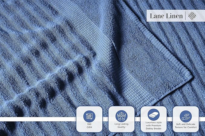 LANE LINEN Bathroom Towel Set - Premium Quality 100% Cotton Bath Towels Set of 6 Large Size - Quick Dry, Absorbent Hotel Towels for Bathroom Luxury - Includes 2 Bath, 2 Hand & 2 Wash Cloths - Denim