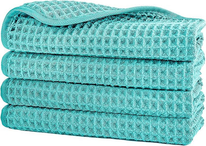 POLYTE 430 GSM Microfiber Lint Free Washcloth Face Towel, 13 x 13 in, 4 Pack (Waffle Weave)