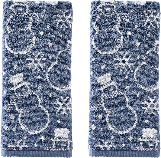 SKL Home Winter/Christmas Top Hat Snowmen Hand Towel 2pc Set for Bath/Kitchen/Bar & Gift, Blue
