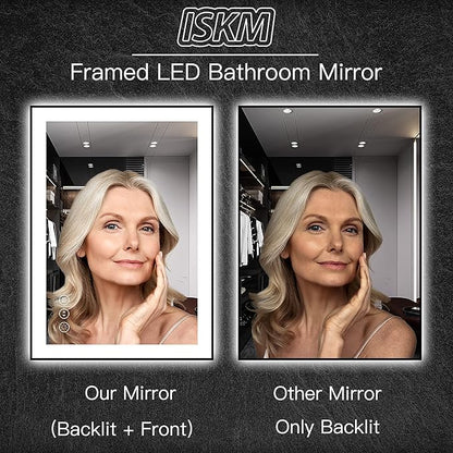 ISKM Framed LED Mirror for Bathroom 72"x40", Dimmable LED Bathroom Mirror with Lights, Anti-Fog, Front and Backlit Lighted Mirror 3-Colors, Shatterproof, Memory Function